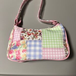 Pink gingham patchwork floral small handbag